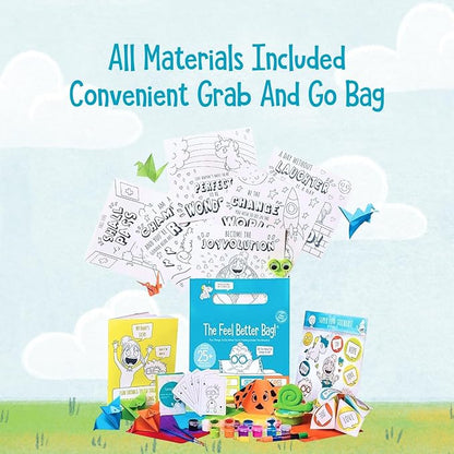 Open The Joy Feel Better Bag: Kids' Get Well Soon Gift Basket with 25+ Fun Activities - Playing Cards, Origami, Games, Clay Art, Magic Tricks - Ideal Gift for Kids Recovering from Surgery - Ages 4+