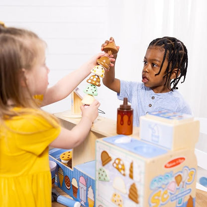 Melissa & Doug Cool Scoops Ice Creamery, Wooden Ice Cream Shop & Counter with Play Food & Play Kitchen Accessories, Preschool Learning Toys for Girls & Boys 3+ - FSC Certified