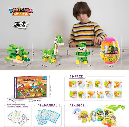 Dinosaur Party Favors for Kids – 12 Dino Figures in Prefilled Eggs, 3-in-1 Building Block Toy Set with Glow Tattoos, Christmas & Birthday Gift, Goodie Bag Filler, Stocking Stuffer, Boys & Girls 6+