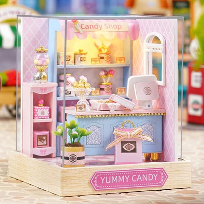 DIY Miniature House Kit, Mini House Building Kit with LED & Dust Cover, DIY Wooden Dollhouse Miniature Kit for Adults Teen, Wooden Crafts Lovely Dollhouse Kit, Yummy Candy