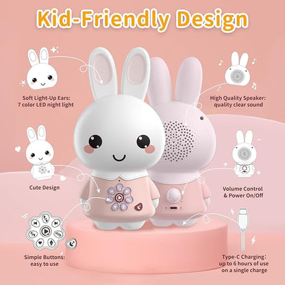 alilo Honey Bunny Pro, Kids Music Player with Night Light, Bluetooth, Recorder, Preloaded 71 Nursery Rhymes, 50 Stories, 55 Soothing Music, Storytelling Toys Gifts for Toddlers Baby Boy Girl,Pink