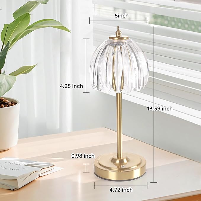 Cordless Small Table Lamp with 5000mAh Battery & Touch Control - 3 Adjustable Color Temperatures, Dimmable Rechargeable Table Lamps for Living Room, Bedroom, Desk, Bedside (Transparent Tulip)