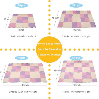 Foam Play Mat for Baby, 0.4 Inch Thicked Interlocking Floor Mats with Solid Colors, Soft Non-Toxic Squares Baby Play Mat, EVA Foam Puzzle Floor Mat for Toddler, 16 Tiles(Pink/Beige/Purple)