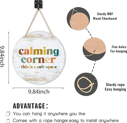 Calming Corner Hanging Wood Sign - Safe Space, School Counselor Office, Calm Down Corner, Boho 10x8 Round Plaque White
