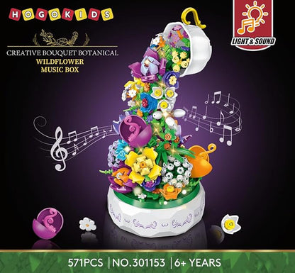 HOGOKIDS Flowers Music Box Building Block Kit with Light- 571PCS Mother's Day Decoration Rotating Music Box Building Blocks Set | Botanical Collection Birthday Gift for Girls Boys Adults Kids Ages 6+