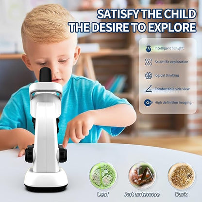 Microscope for Kids Scientific Experiment Kit 40X-1600X Magnification LED Light Educational STEM with Slides and Lab Tools Ages 6-12 (White)