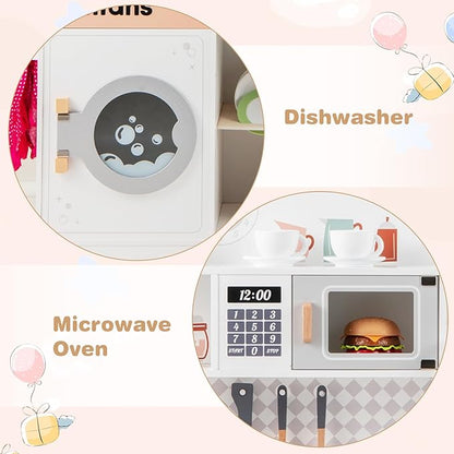 INFANS Kids Kitchen Playset, Toddler Wooden Kitchen Pretend Cooking Toy Set with Coffee Maker Ice Machine Dishwasher Microwave Storage Cabinet, Simulation Play Kitchen for Boys Girls 3+ (White)