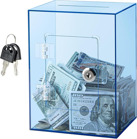 Hicocool Clear Piggy Bank with Lock, Acrylic Piggy Bank for Adults Kids Openable, Reusable Money Saving Box with Key for Birthday (Blue)