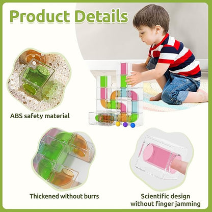 36 PCS Stacking Blocks – 1.6 Inch Transparent Building Cubes with Learning Cards, Pipe Tube for Marble Run, STEM Educational Toy for Kids 3+, Sensory Gift for Boys & Girls