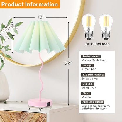 Table Lamp for Bedroom Nightstand Modern Touch Green Pink Lamp Dimmable Lamp for Living Room End Table with USB Port and Outlet