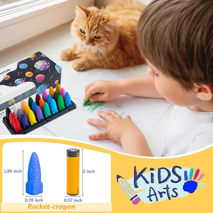 24 Colors Crayons for Toddlers, Non-Toxic Washable Rocket Crayons, Easy-to-Hold Coloring Gifts & Mess-Free Art Supplies for Little Hands