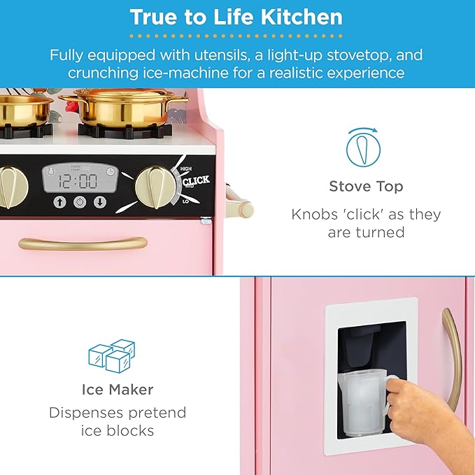 Best Choice Products Pretend Play Kitchen Wooden Toy Set for Kids w/Realistic Design, Telephone, Utensils, Oven, Microwave, Sink - Pink Floral