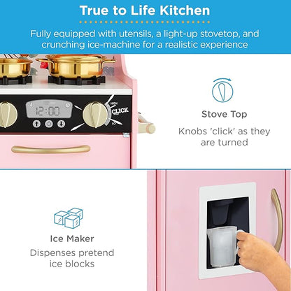 Best Choice Products Pretend Play Kitchen Wooden Toy Set for Kids w/Realistic Design, Telephone, Utensils, Oven, Microwave, Sink - Pink Floral