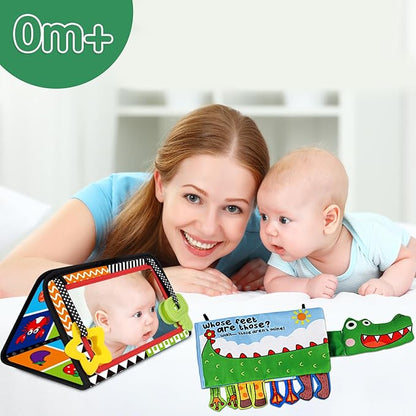 Tummy Time Baby Mirror Toys - Infant Toy Newborn 0 3 Months Brain Development with Soft Activity Book Teether - Black and White High Contrast Baby Toys 2 4 5 0-6 Babies Boy Girl Sensory Shower Gifts