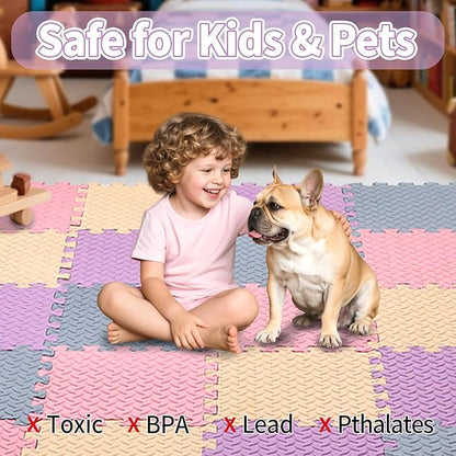 36 Tiles Foam Play Mat for Baby, 0.4 Inch Thick Foam Interlocking Floor Mats, Non-Toxic Baby Playmat, Solid Colored Puzzle Play Mat Kids Floor Mats for Toddler(Beige/Pink/Purple/Gray Blue)