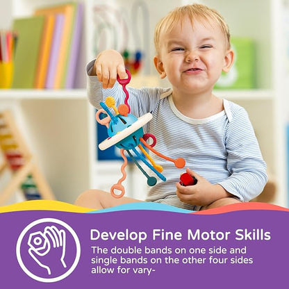 LiKee Montessori Toys for Baby 1+ Years Old, Sensory Development Toys for Toddlers 1-3, Silicone Pull String Travel Toy for 18+ Months, Gift for Baby Shower Infants Car Seat High Chair