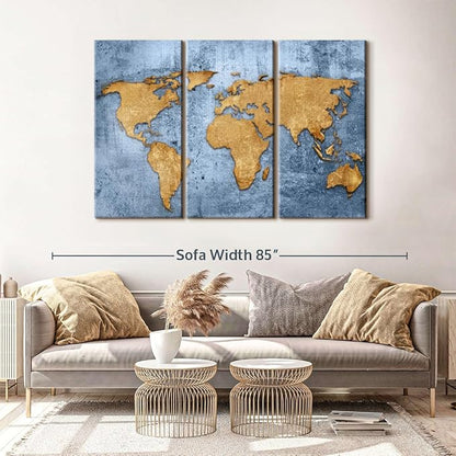 ElephantStock Azure World Map Wall Art Multi Piece Canvas - 3 Panel Wall Decor - Map of the World Art - Canvas for the Office and Home - 65" X 42"