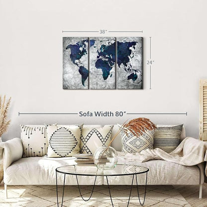 ElephantStock Deep Blue World Map Multi Piece Canvas - 3 Panel Wall Decor - Map of the World Art - Canvas for the Office and Home - 38" X 24"