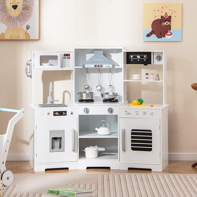 HONEY JOY Corner Kids Kitchen Playset, Wooden Toy Kitchen Set w/Lights & Sounds, Range Hood, Ice Maker & Coffee Maker, Microwave, Sink, Faucet, Little Chef Pretend Play Kitchen for Toddlers, White