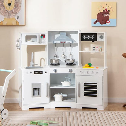 HONEY JOY Corner Kids Kitchen Playset, Wooden Toy Kitchen Set w/Lights & Sounds, Range Hood, Ice Maker & Coffee Maker, Microwave, Sink, Faucet, Little Chef Pretend Play Kitchen for Toddlers, White
