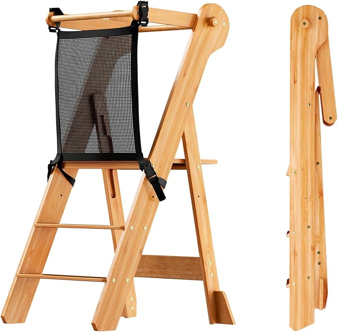 COSYLAND Foldable Toddler Standing Tower - Adjustable Height Folding Step Stool Kids Toddler Kitchen Stool Helper for Learning and Cooking - Ages 18 Months to 6 Years with Safety net Natural