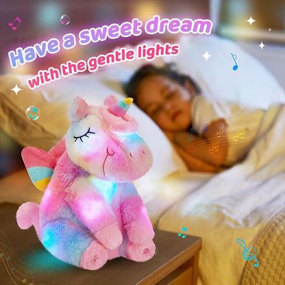 Athoinsu Rainbow Musical Light up Unicorn Stuffed Animal Soft Furry Plush Toy with LED Night Lights Children's Day Birthday Valentine's Day Gifts for Kids Toddler Girls,12''