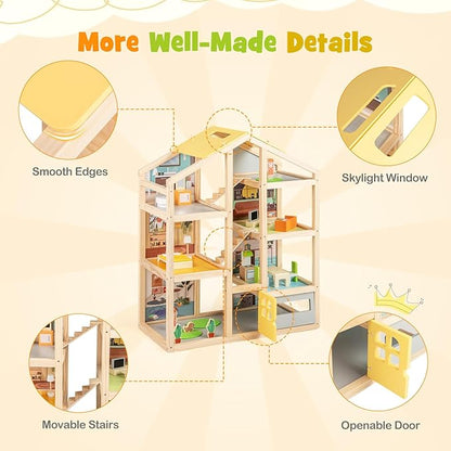 HONEY JOY Doll House, Wooden Dollhouse Playset w/7 Rooms, 21 Accessories & Miniature Furniture, Pretend Play Toys Kit, 2.46 Feet Big Doll House, Christmas Birthday Gift for Girls Boys Age 3+