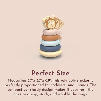 SPEEDY MONKEY Roly Poly Stacker Toy for Toddlers | Wooden Stacking Toy for Baby Boys & Girls | FSC-Certified Wobble Base with Colorful Rings for Fine Motor Skills | Sensory Learning Gift for Kids 1-5