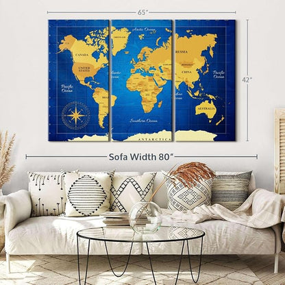 ElephantStock Yellow Longitude World Map Multi Piece Canvas - 3 Panel Wall Decor - Map of the World Art - Canvas for the Office and Home - 65" X 42"