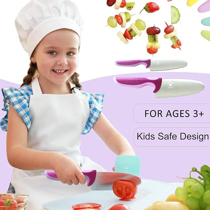 Kibbidea 4 Pcs kids knife set for real cooking, Kids First Cutting Knives Set, Round Tip Kids Friendly Kitchen Knife, BPA-free Stainless Steel Kids Chef Knife to Learn to Cook (Violet)