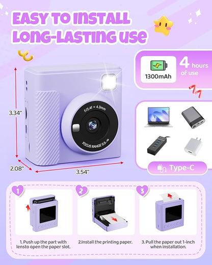 Kids Instant Print Camera, Christmas Birthday Gifts for Girls and Boys, 1080P HD Video Digital Kids Camera with Print Paper & 32G Card, Toddler Toy for 3-14 Years Old (Purple)