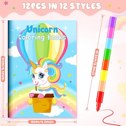 BenLouis 12 Unicorn Mini Coloring Books Kids with 12 Stacking Crayons Unicorn Birthday Party Favors Small Activity Books Bulk for Kids Rainbow Party Gift Goodie Bag Stuffers