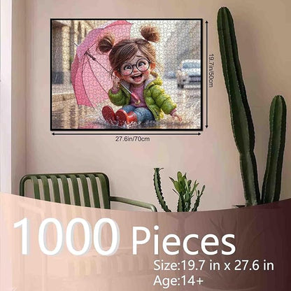 Tucocoo Cute Cartoon Jigsaw Puzzle for Adults 1000 Piece, Girl in Rain with Umbrella, Fun Whimsical Rainy Day Scene Puzzles, Colorful and Challenging Puzzle Gift for Adults, Teens, and Puzzle Lovers