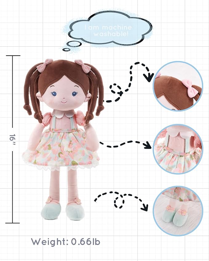 LeyaDoll Personalized Soft Baby Doll Toys (16''), My First Baby Rag Doll for 1 Year-Old Girl Birthday Gift, Christmas Plush Toys Gift for Toddler Kids Infants-Daydream-Meadow-Girl