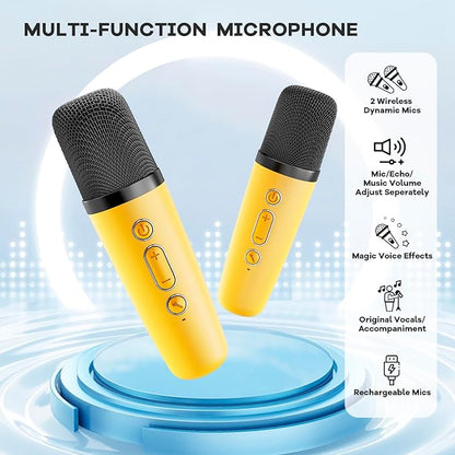 Mini Karaoke Machine for Kids Adults, Portable Bluetooth Speaker with 2 Wireless Microphones, Birthday Gifts Toys for Girls Boys Ages 3, 4, 5, 6, 7, 8, 9,10,11,12+ Years Old Toddler (Yellow)