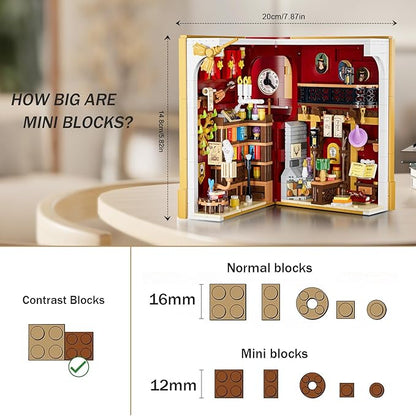 Magic Booknook Building Set with LED Light, 3.6mm Mini DIY Bookend Building Kit for Bookshelf & Home Decor, 1015 PCS Miniature Book Nook Building Block Model for Kids Adults Boys Girls Age 8+