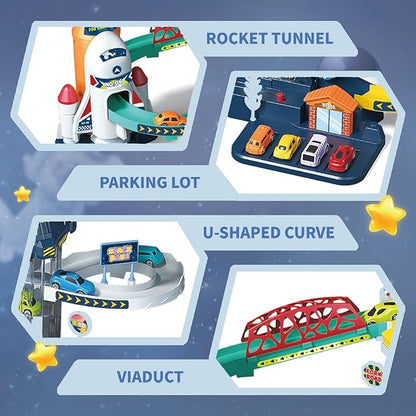 RedCrab Car Race Track Elevator for Boys, Kids Space Car Ramp Climbing Hills Parking Adventure Playset,Satellite Cars Garage Track with Electric Elevator Toy for Children