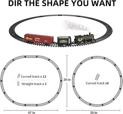 TEMI Steam Train Toy Set for Boys 3 4 5 6 7 Years, with Sounds & Light, Electric Classical Engine Locomotive for Kids, Rechargeable Model Train Kit for Christmas Tree, Cargo Car Railway Tracks