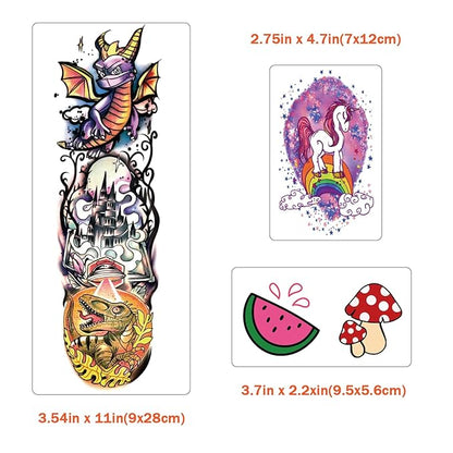 52 PCS Kids Full Arm Temporary Tattoos - Rocket Car Dinosaur Planet Astronaut & Dolphin Castle Cat Body Tattoos Stickers for Boys & Girls, Party Supplies Gifts