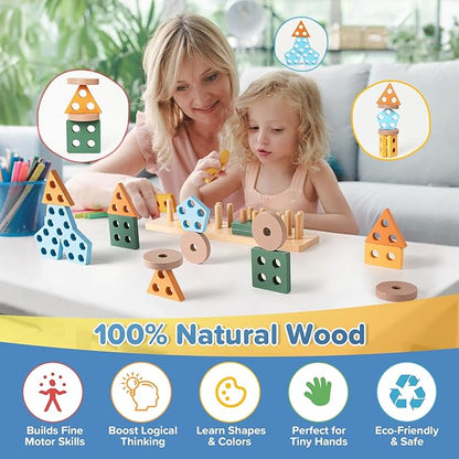 7‑in‑1 Montessori Baby Toys for 6‑12 Months & 1+ Years, Infant Sensory Teething & Stacking Blocks | Wooden Shape Sorter, Xylophone Musical Toy, Birthday Gift for Toddlers 1‑3
