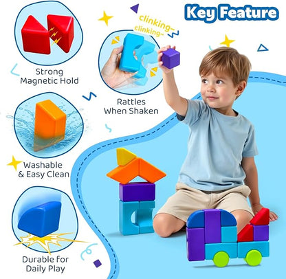 Magnetic Blocks, Large 1.65 inch Magnetic Cubes for Kids, 3D Multi-Shape Building Blocks, Preschool Educational Building Kit, Montessori Sensory Toys for Toddlers 3-5 (19pcs)