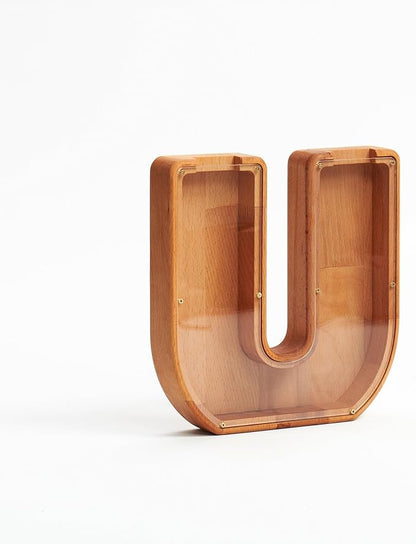 Personalized Wooden Piggy Bank – Custom Letter U Coin Bank in Beech Wood with Clear Acrylic Front, Engraved Name Option, Money Saving Box for Kids and Adults