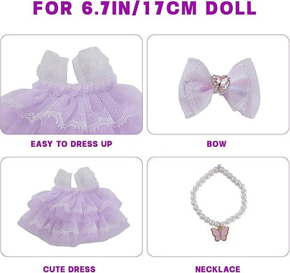 17cm Doll Clothes Set 3-Piece Doll Clothing Set with Purple Dress Necklace and Butterfly Decor Accessories for 17cm Plush Dolls, Clothes Only, No Doll Included