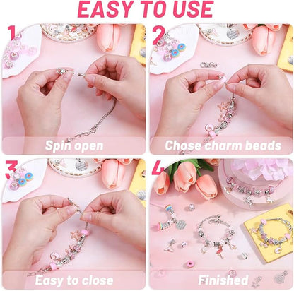 Flasoo DIY Charm Bracelet Making Kit, Jewelry Kit with Unicorn Mermaid Pink Stuff Craft Gifts for Birthday, Christmas, New Year