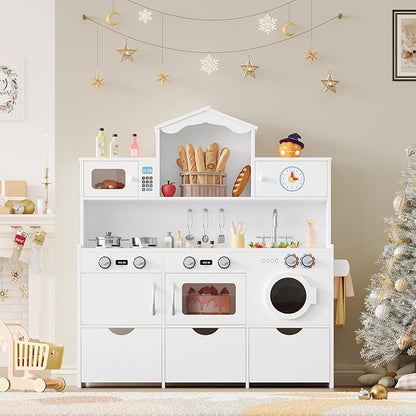 Keyluv Wooden Play Kitchen for Kids and Toddler, Montessori Toy Kitchen Playset with Plenty of Pretend Play Features and Storage Drawers, Gift for Boys and Girls, White