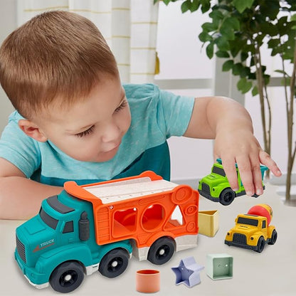 3 Pcs Toddler Car Toys for 1-3 Years Old, Construction Vehicle Toys Carrier Tuck Set Includes Dump Truck, Mixer Cement, Shape Sorter, No BPA, Phthalates, PVC, Christmas Birthday Gifts for Kids