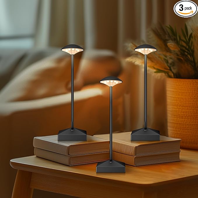 3 Pack 8.26in Black Small Cordless Table Lamps Rechargeable, Battery Operated Mini Lamp, Small Lamp Touch Portable Table Lights, LED Night Light for Bedside/Dining/Bar/Outdoor (Blcak-B)