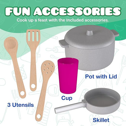 Wooden Play Kitchen for Toddlers & Kids – Pretend Kitchen Set with Sink, Oven, Stove, Microwave, Lights & 9 Accessories – Durable Wooden Kitchen Toy for Ages 3–8 – by Kiddery Toys