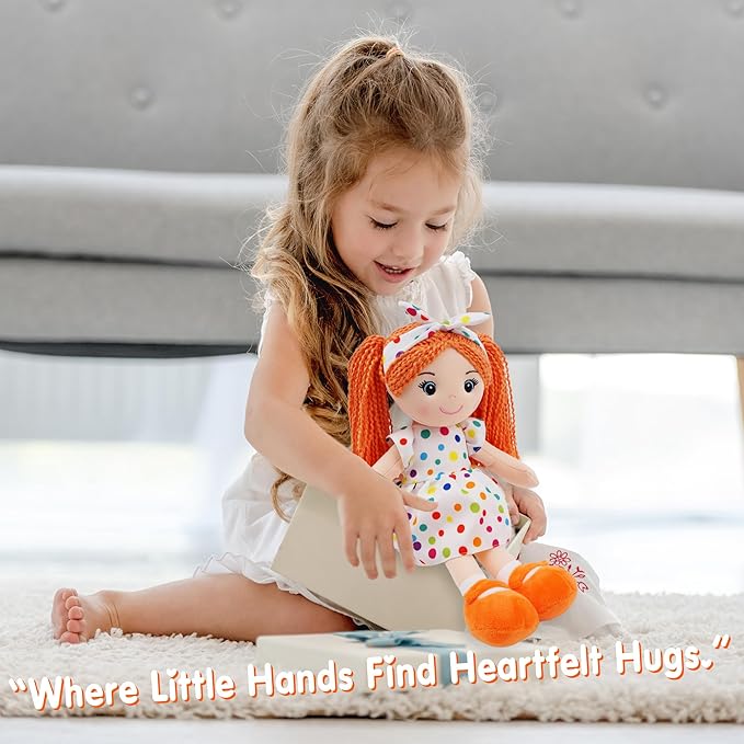 June Garden 18" Snuggle Cuties Bella - Soft Cuddly Plush Doll Gift for Girls - Huggable Rag Doll - Orange L