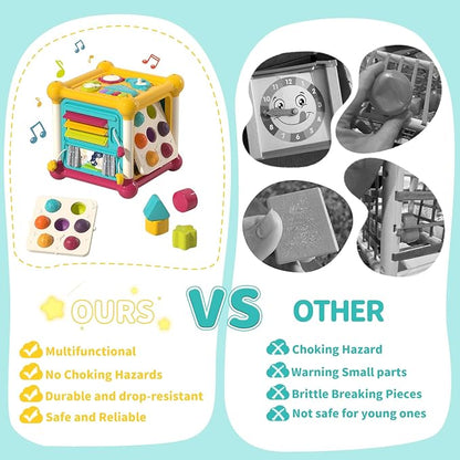Baby Activity Cube, 6-in-1 Montessori Toys for 1-2 Year Old Boys and Girls, Multi Sensory Shape Blocks, Travel Music Toys for Toddlers 1-3